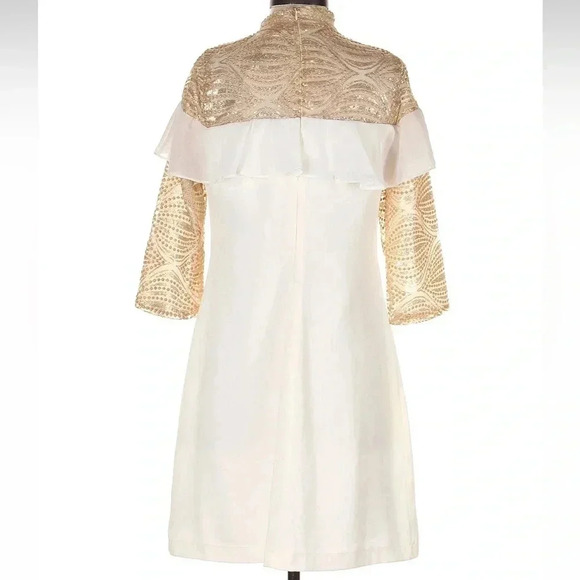 Roberta Biagi Gold Sequins 3/4 Sleeves Cocktail Ruffle Designer Dress Size S NWT - Picture 2 of 7